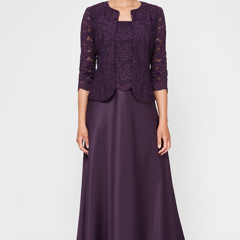 alexevenings.com Petite Glitter Lace & Satin Jacket Dress with Open Jacket Size